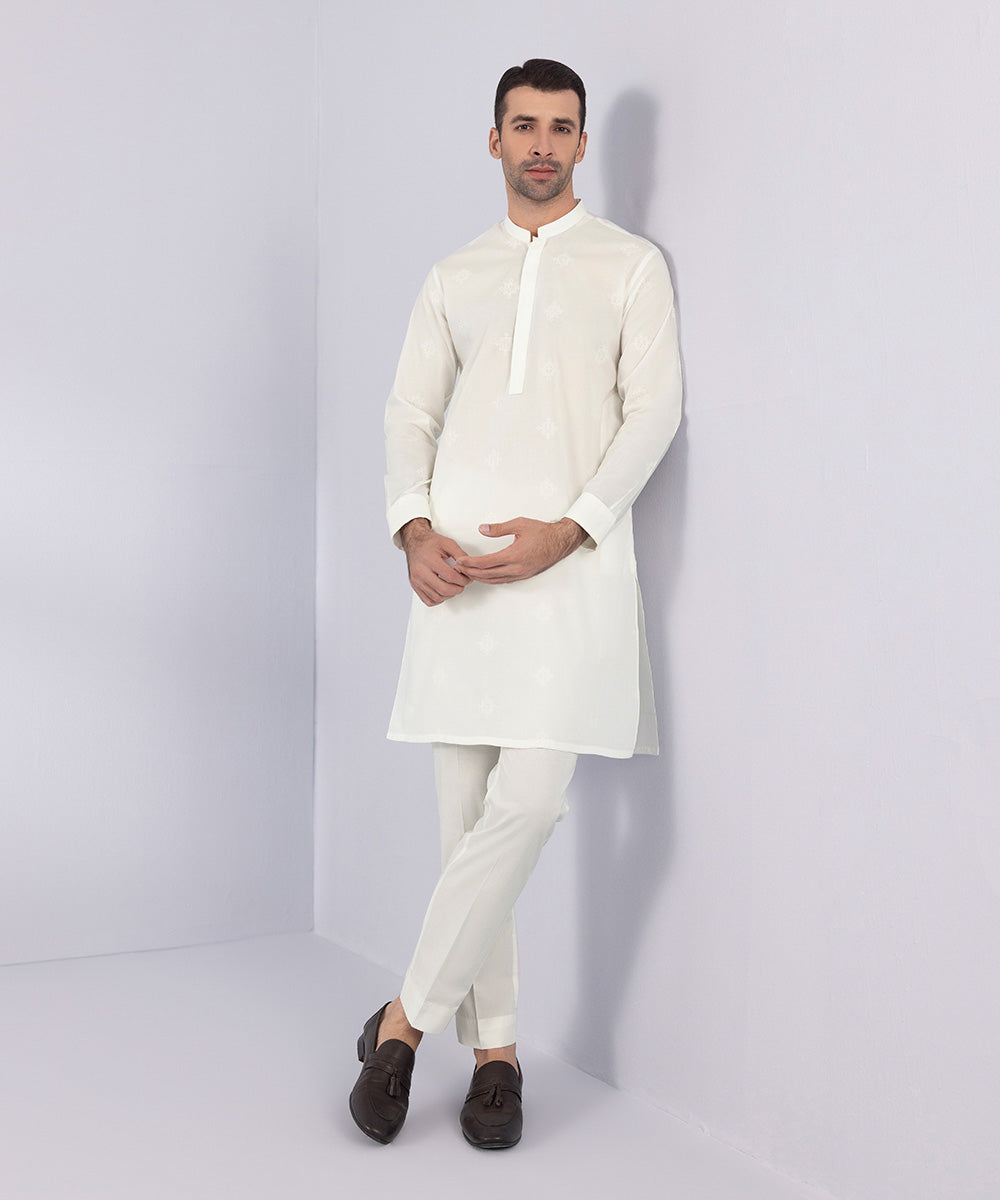Men's Stitched Schiffili Embroidered Suit Embroidered White Straight Hem Kurta Trousers