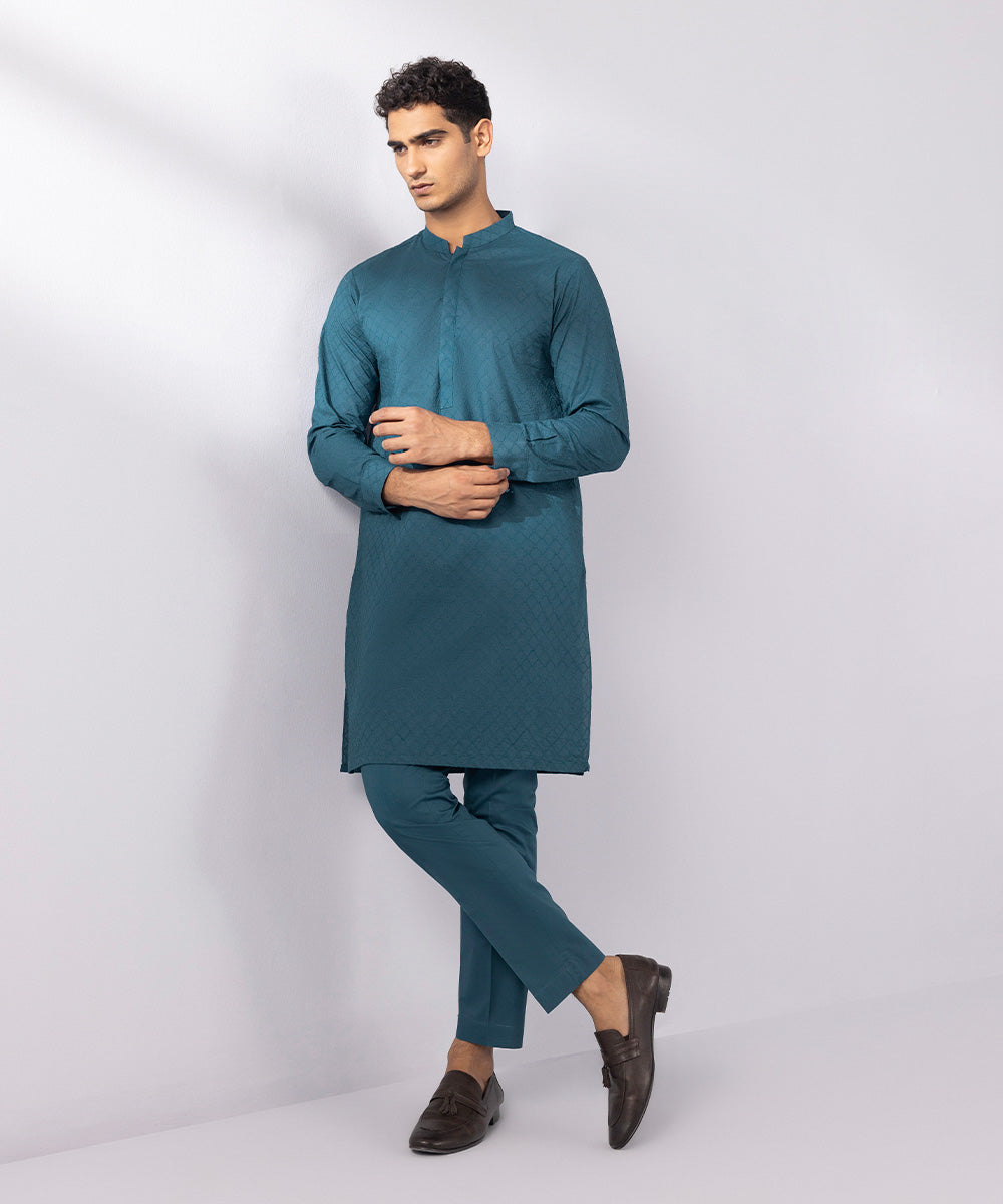 Men's Stitched Schiffili Embroidered Suit Embroidered Teal Blue Round Hem Kurta Trousers