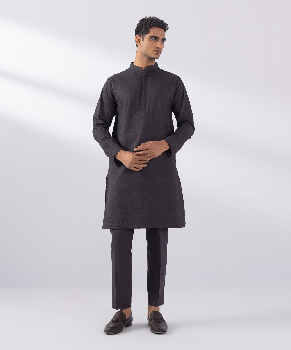 Men's Stitched Schiffili Embroidered Suit Embroidered Plum Straight Hem Kurta Trousers