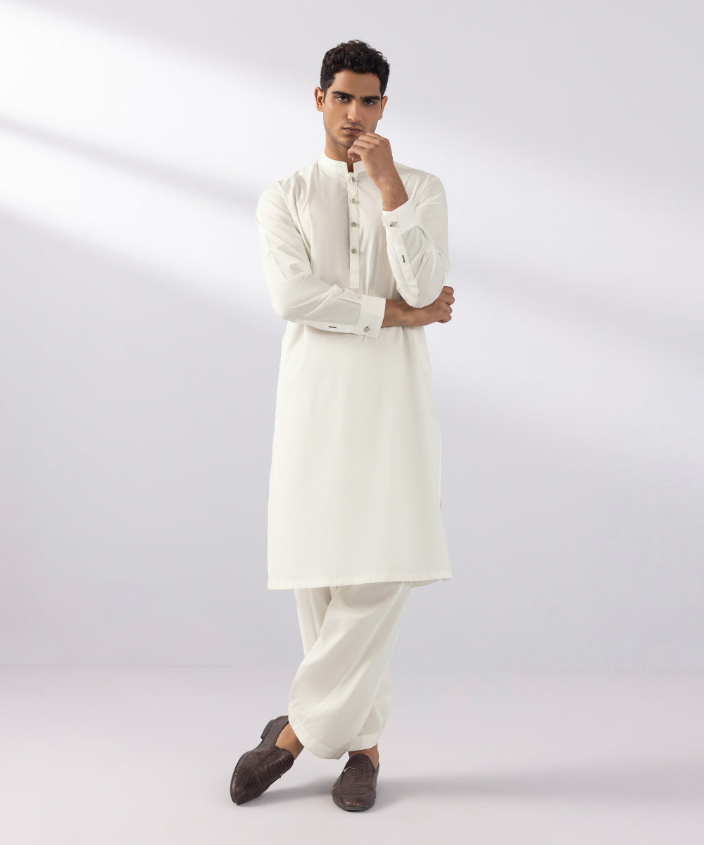 Men's Stitched Luxury Egyptian Cotton Suit Embroidered White Straight Hem Kurta Shalwar