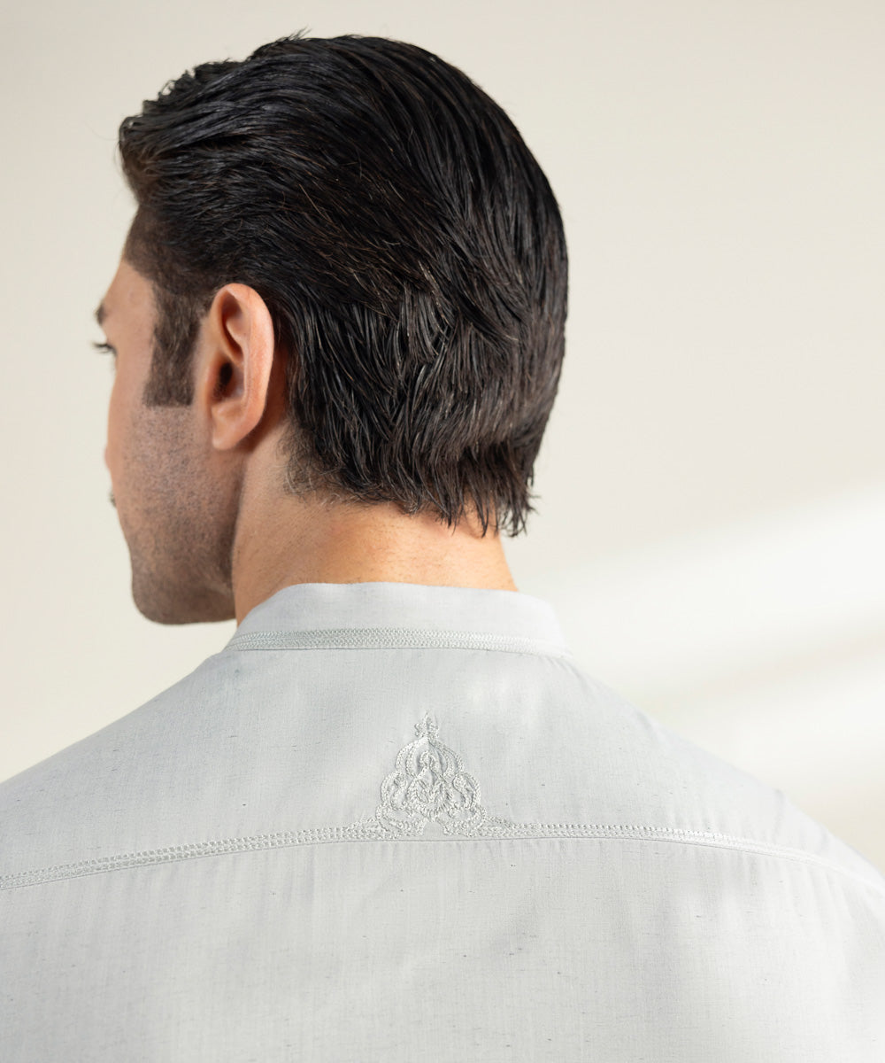 Men's Stitched Fancy Wash & Wear Embroidered Grey Straight Hem Kurta