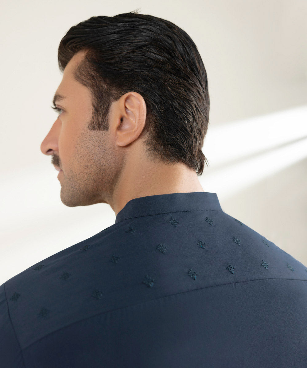 Men's Stitched Fancy Wash & Wear Embroidered Navy Straight Hem Kurta