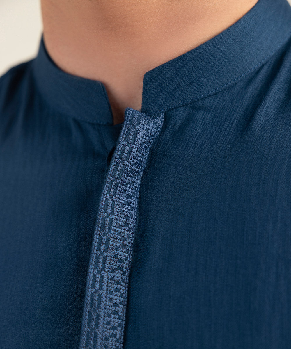 Men's Stitched Jacquard Wash & Wear Embroidered Dark Blue Straight Hem Kurta