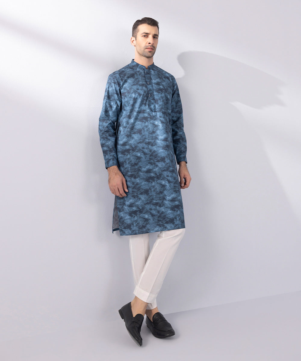 Men's Stitched Digital Printed Cotton Blue Straight Hem Kurta