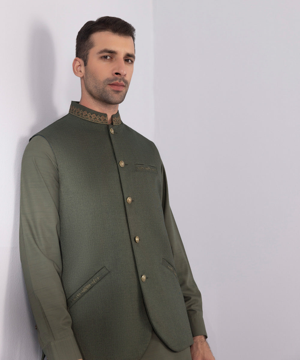 Men's Stitched Embroidered Olive Waistcoat