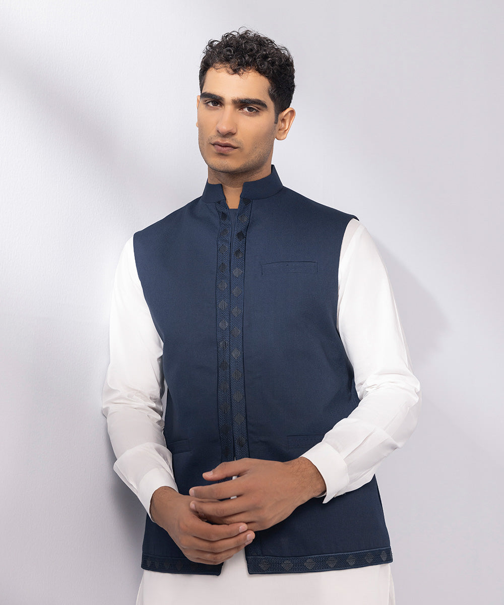 Men's Stitched Embroidered Navy Waistcoat