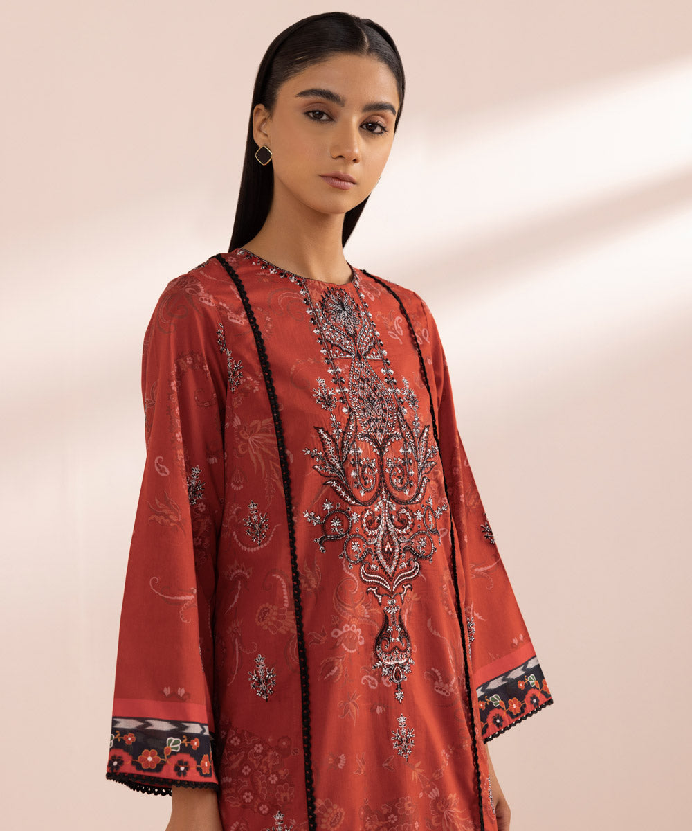 Women's Pret Lawn Orange Printed Embroidered A-Line Shirt