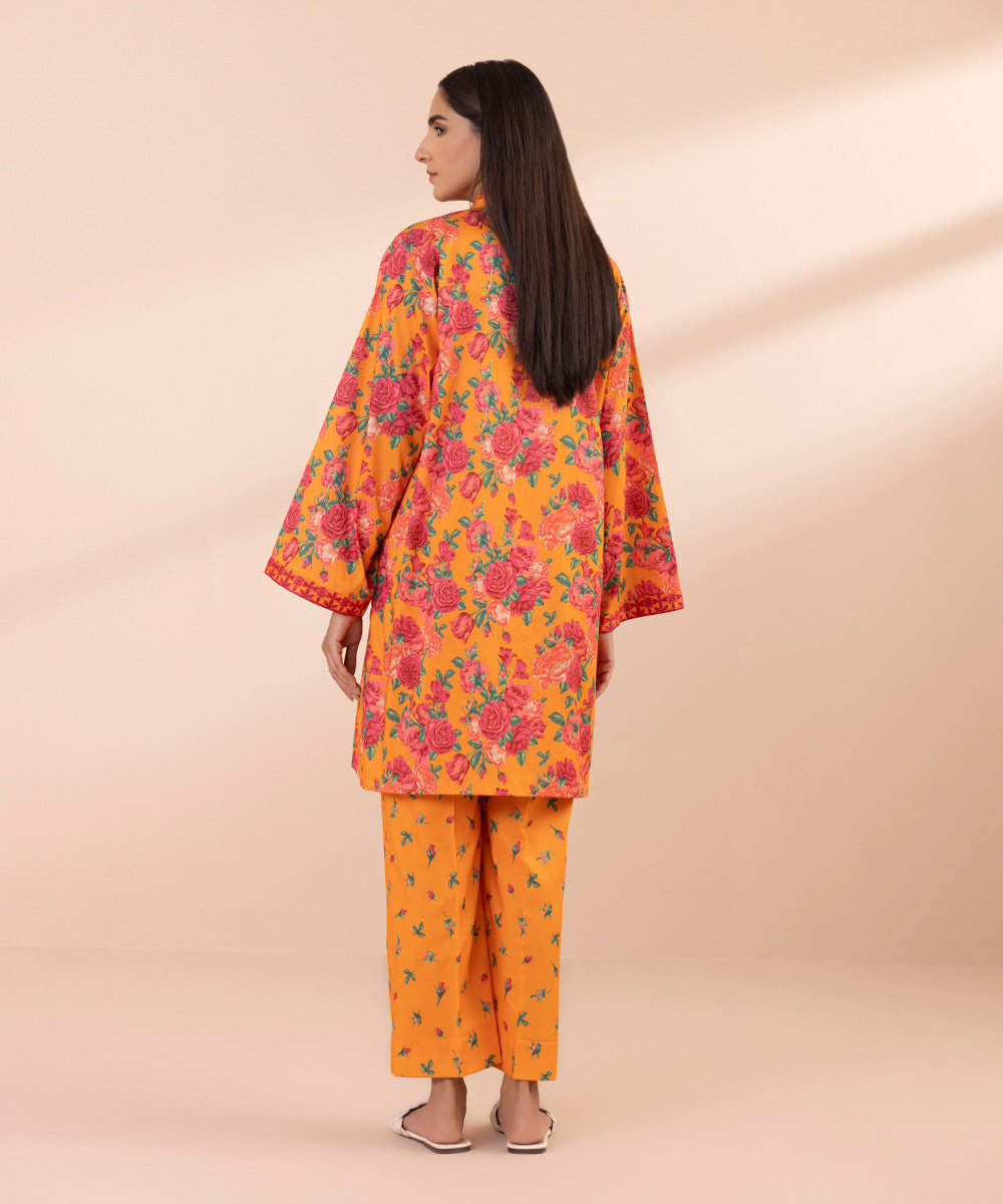Women's Unstitched Lawn Printed Orange 2 Piece Suit