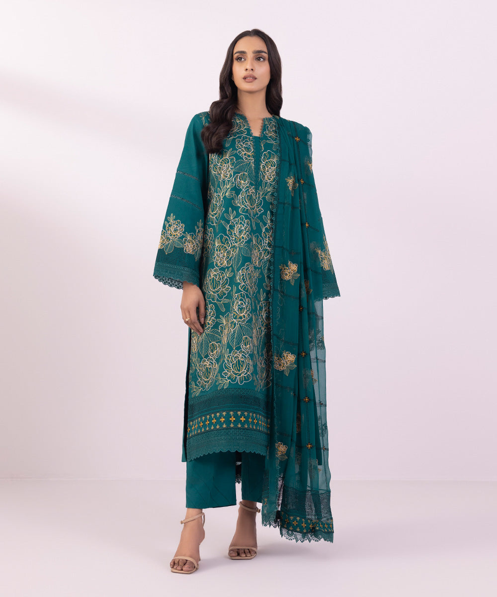 Women's Unstitched Dobby Embroidered Teal Blue 3 Piece Suit