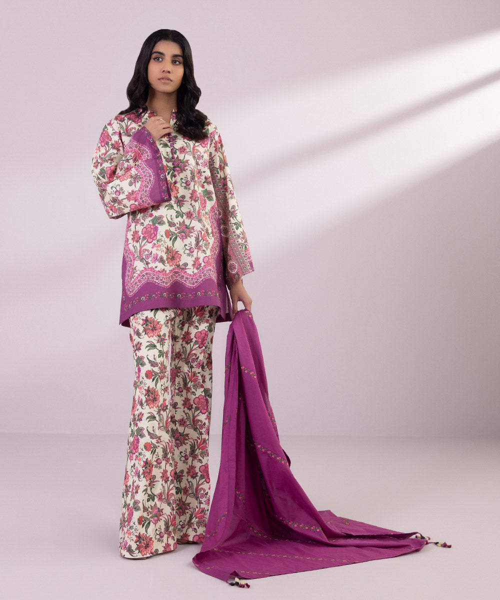 Women's Unstitched Lawn Embroidered Off White and Magenta 3 Piece Suit