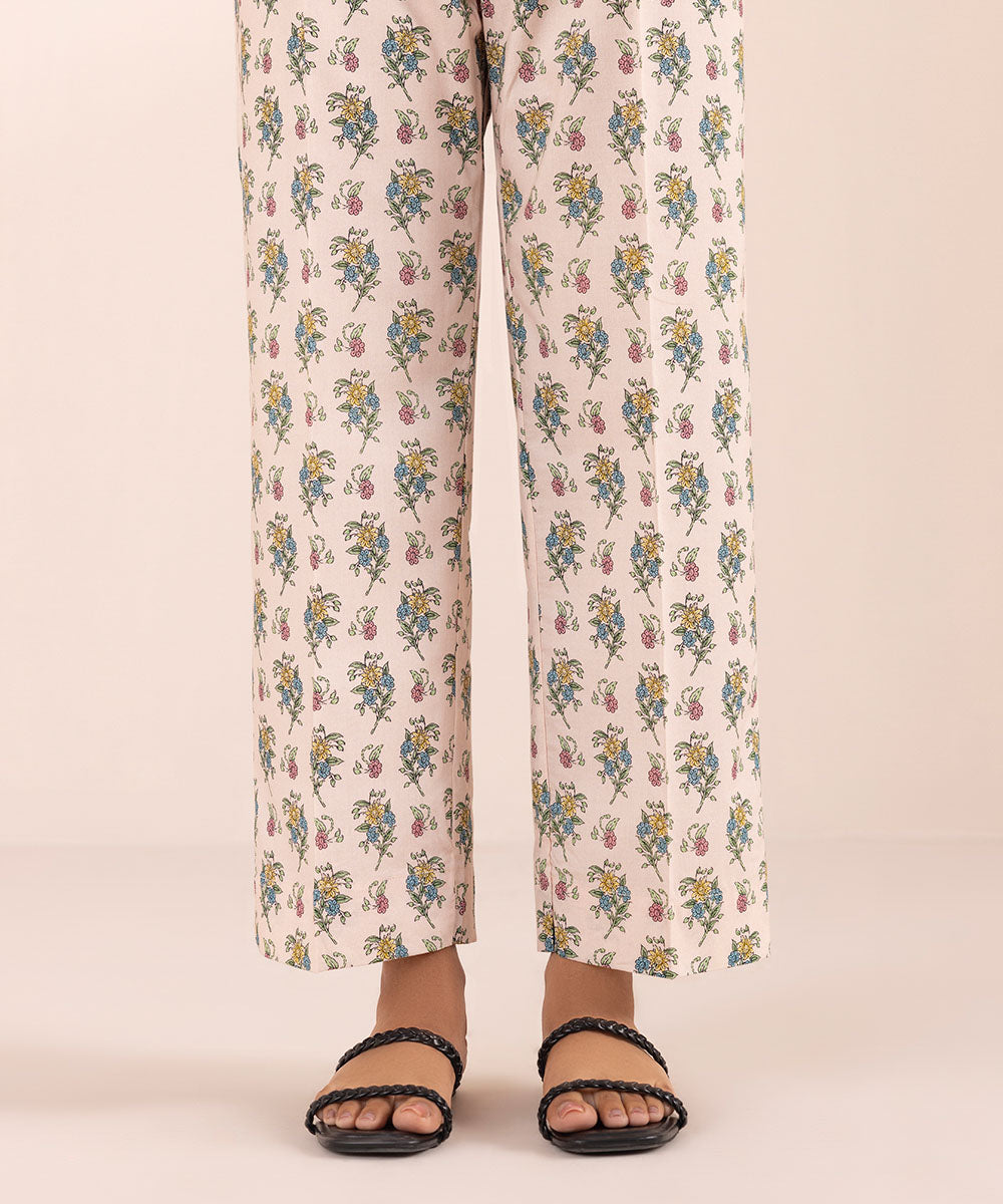 Women's Pret Cotton Beige Printed Straight Pants