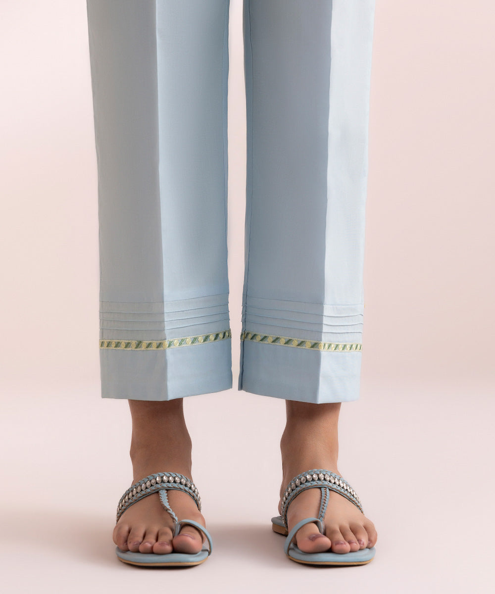 Women's Pret Cambric Blue Embroidered Straight Pants