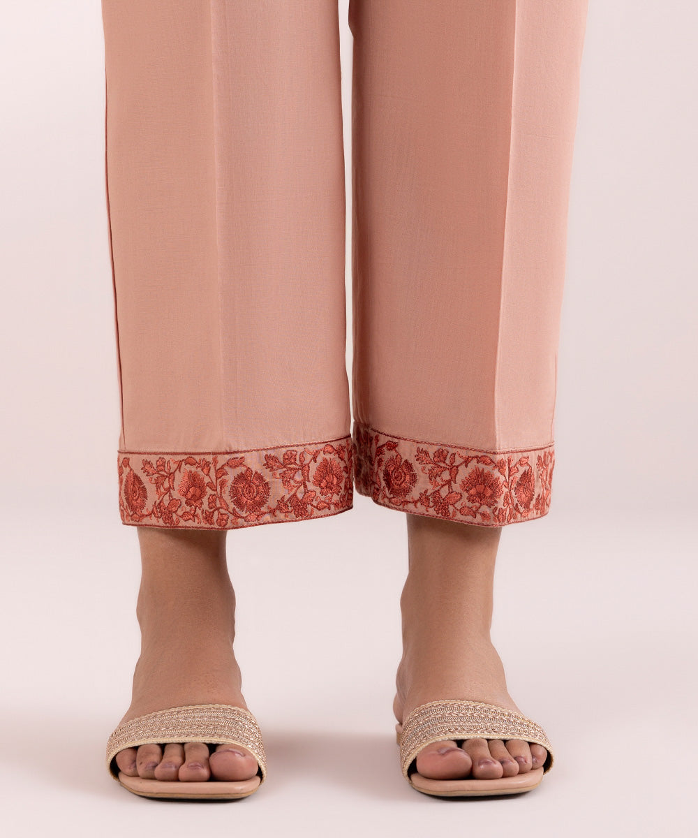 Women's Pret Cambric Pink Embroidered Straight Pants