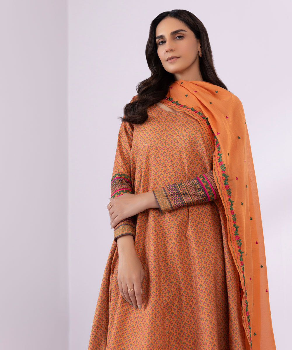 Women's Unstitched Lawn Embroidered Rust 3 Piece Suit