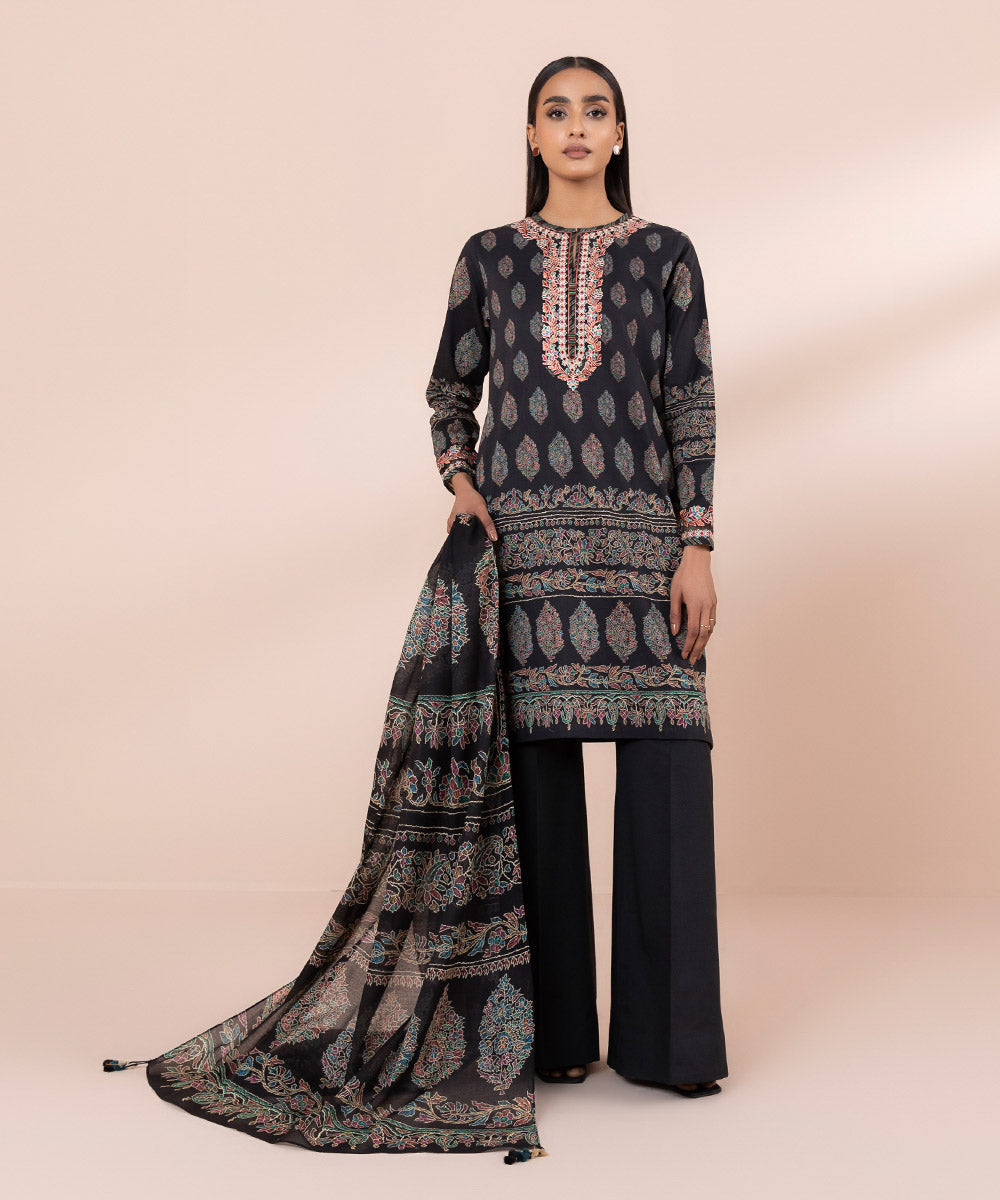 Women's Unstitched Lawn Embroidered Black 3 Piece Suit
