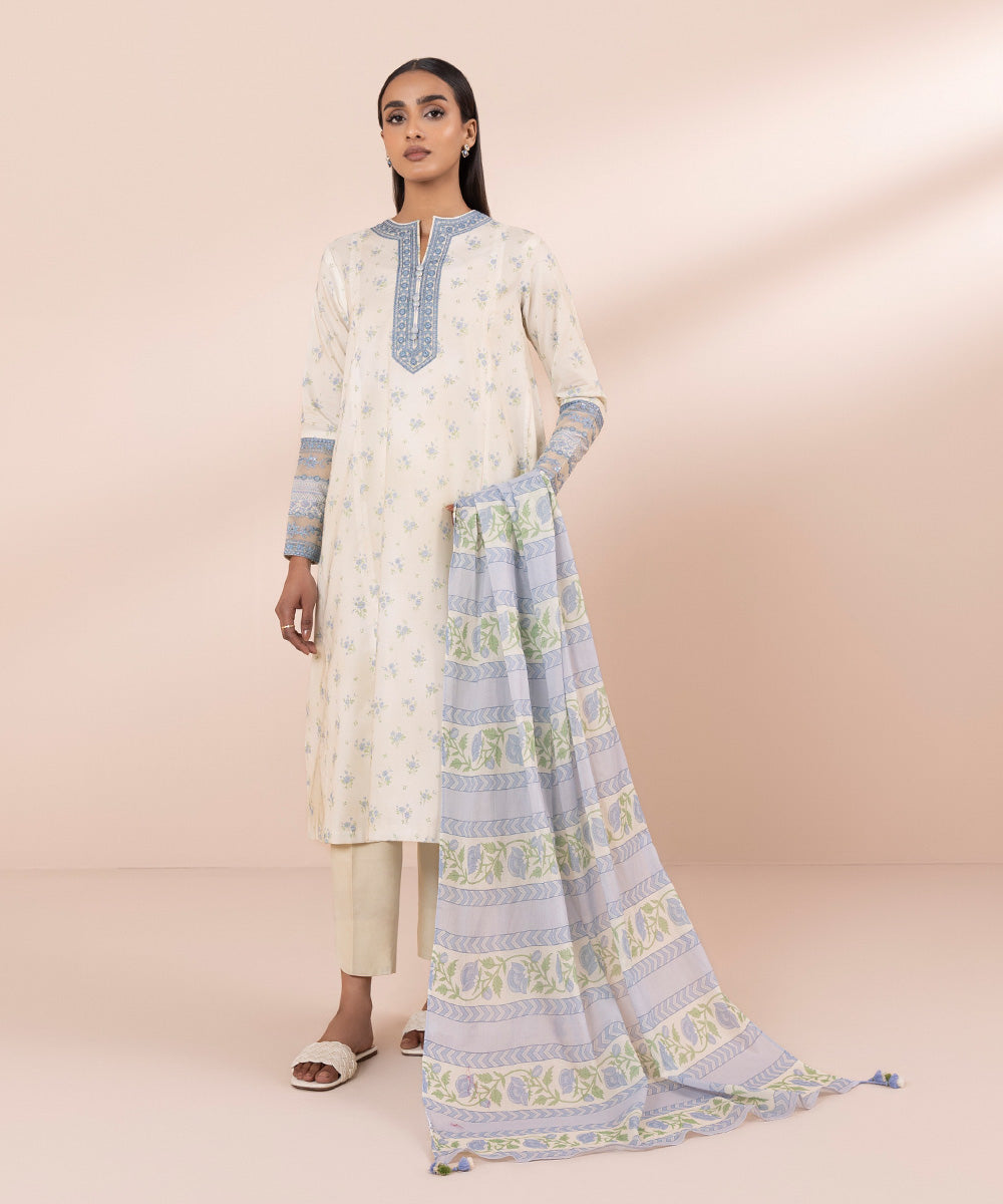 Women's Unstitched Lawn Embroidered Off White 3 Piece Suit