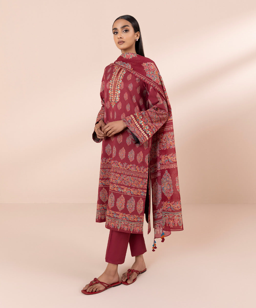 Women's Unstitched Lawn Embroidered Red 3 Piece Suit