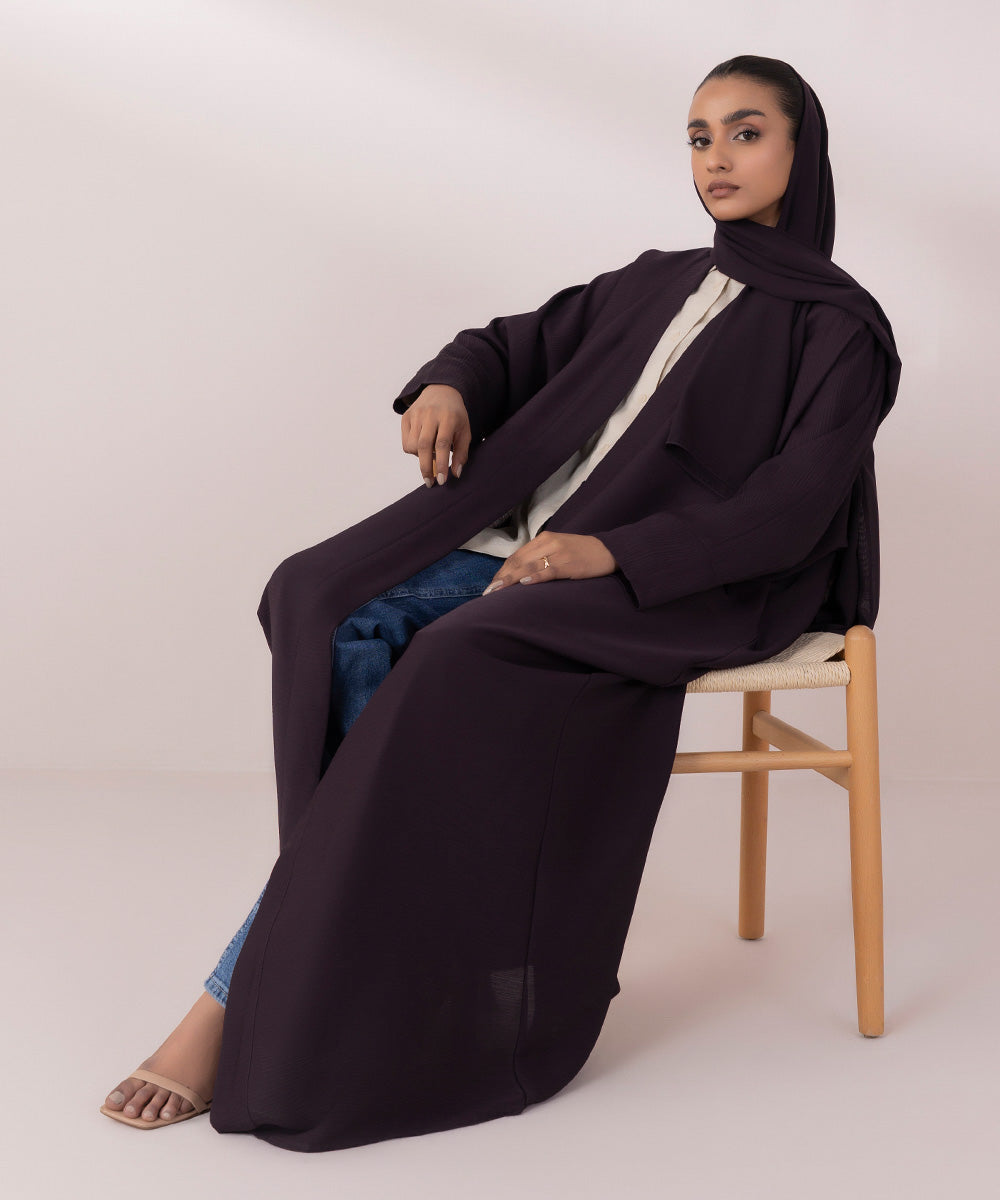 Women's Dark Purple Nida Front Open Crinkle Abaya Set