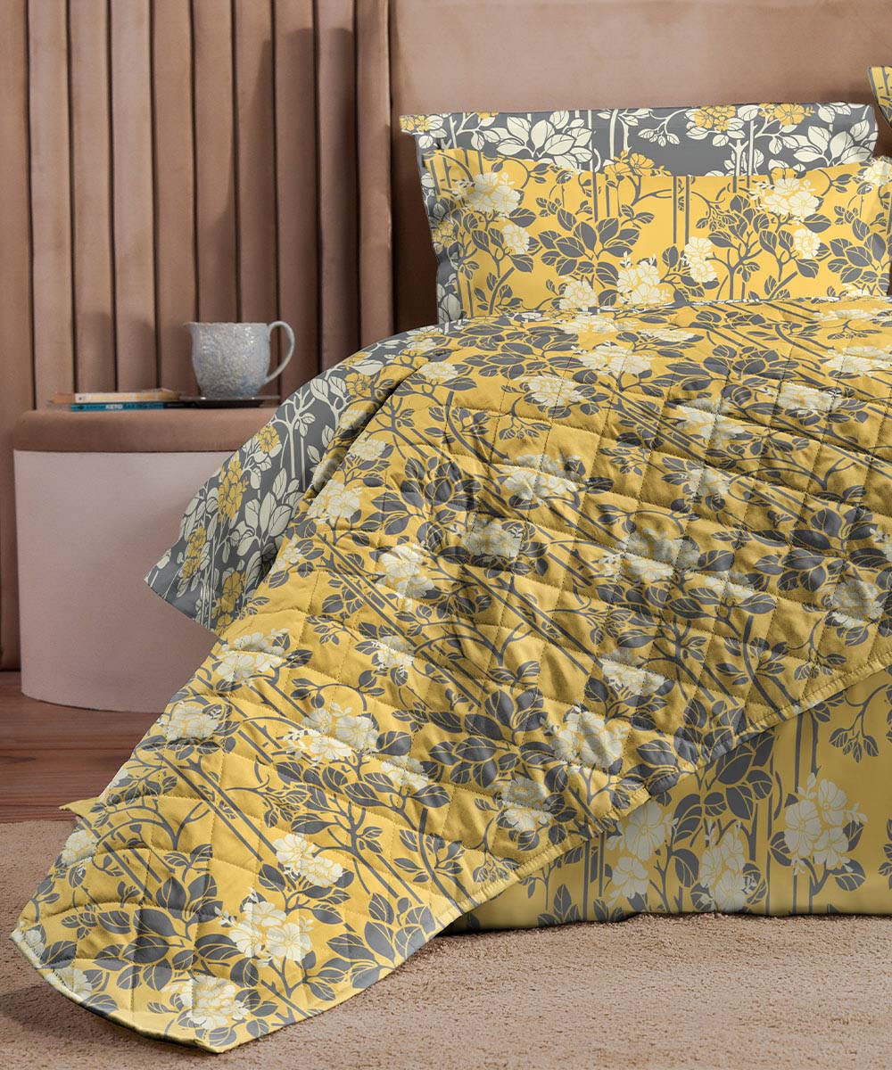 Poly Cotton Yellow and Grey Bed Spread