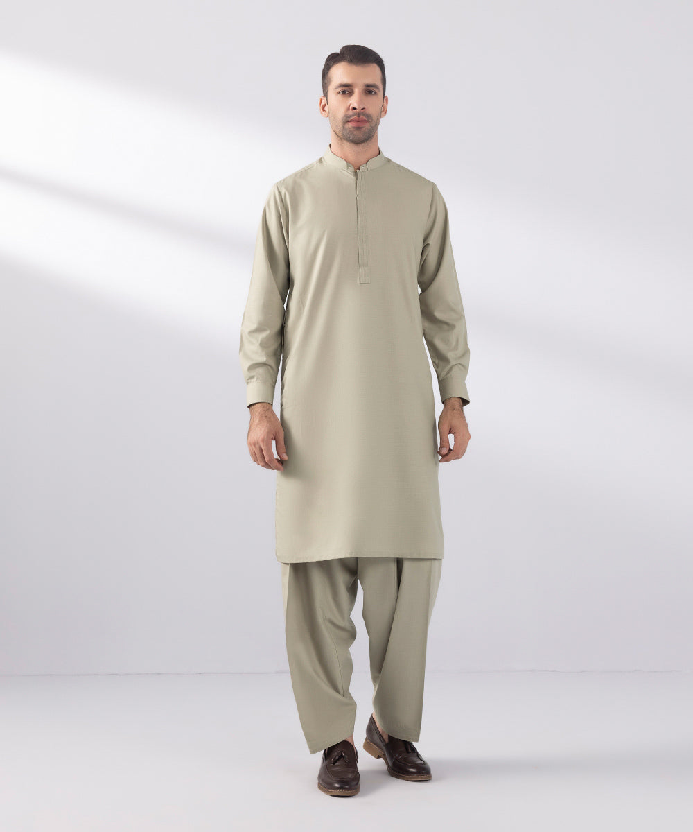 Men's Stitched Wash & Wear Khaki Straight Hem Kurta Shalwar