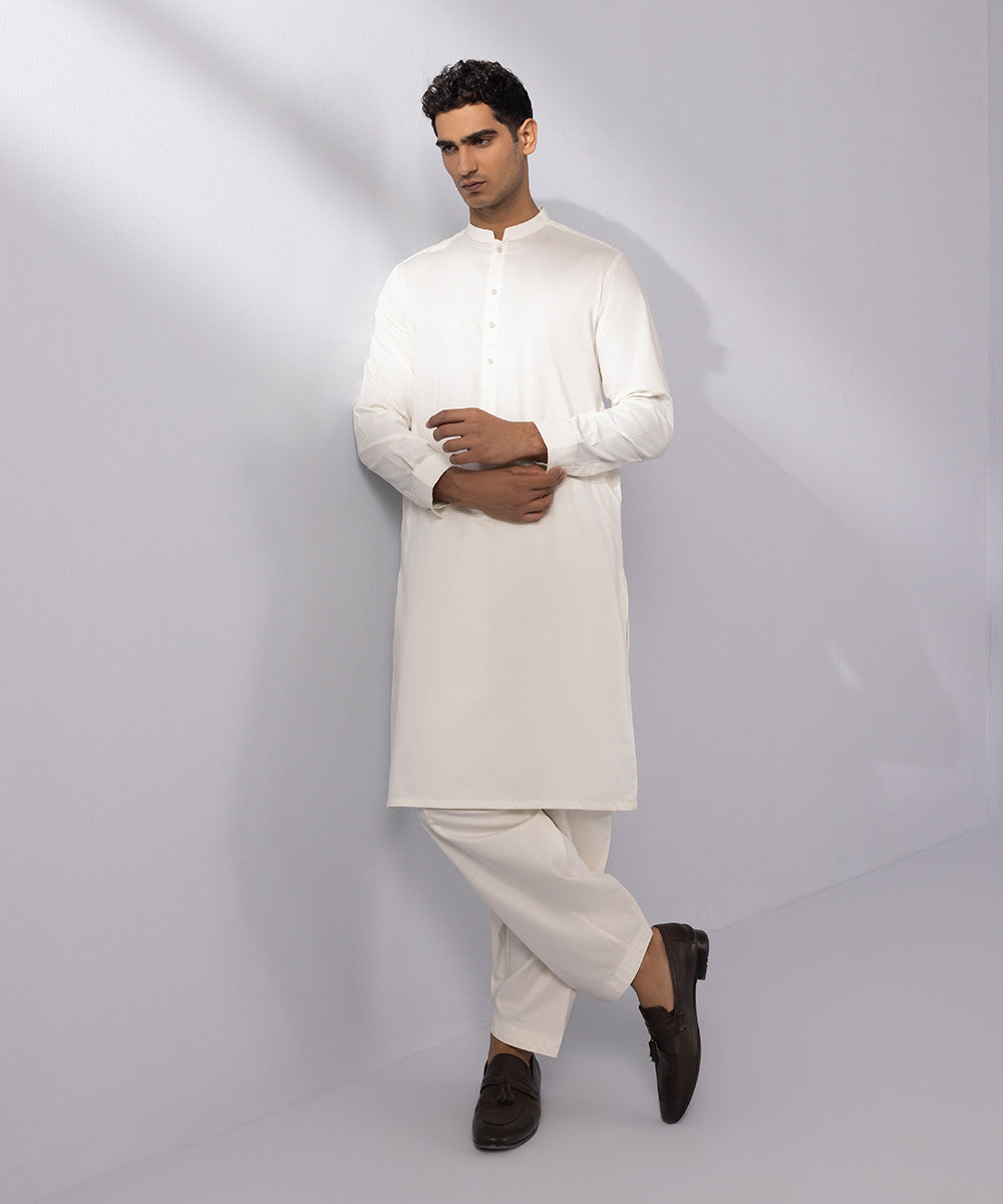 Men's Stitched Cotton Dobby Off White Straight Hem Kurta Shalwar