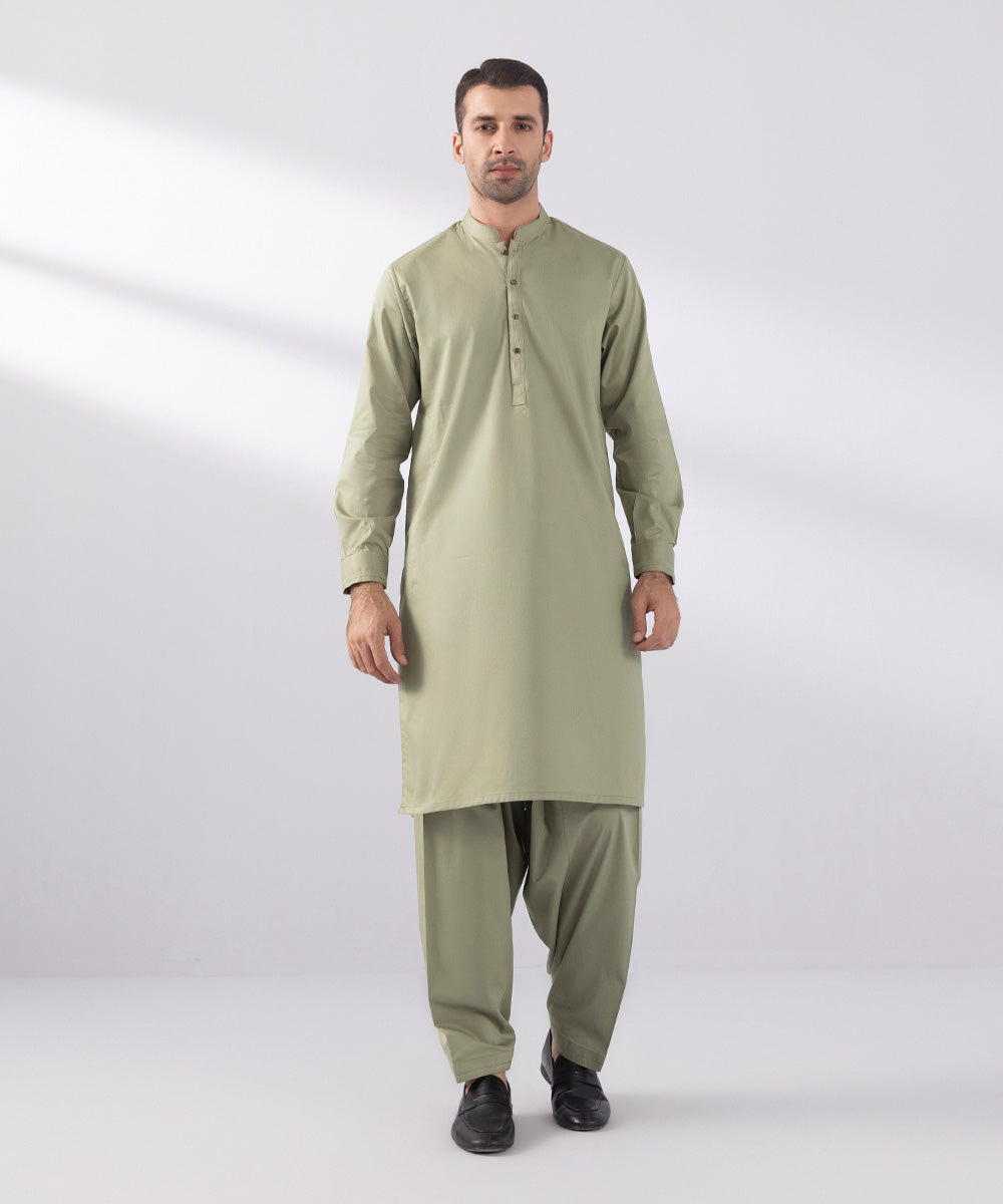 Men's Stitched Cotton Dobby Khaki Straight Hem Kurta Shalwar
