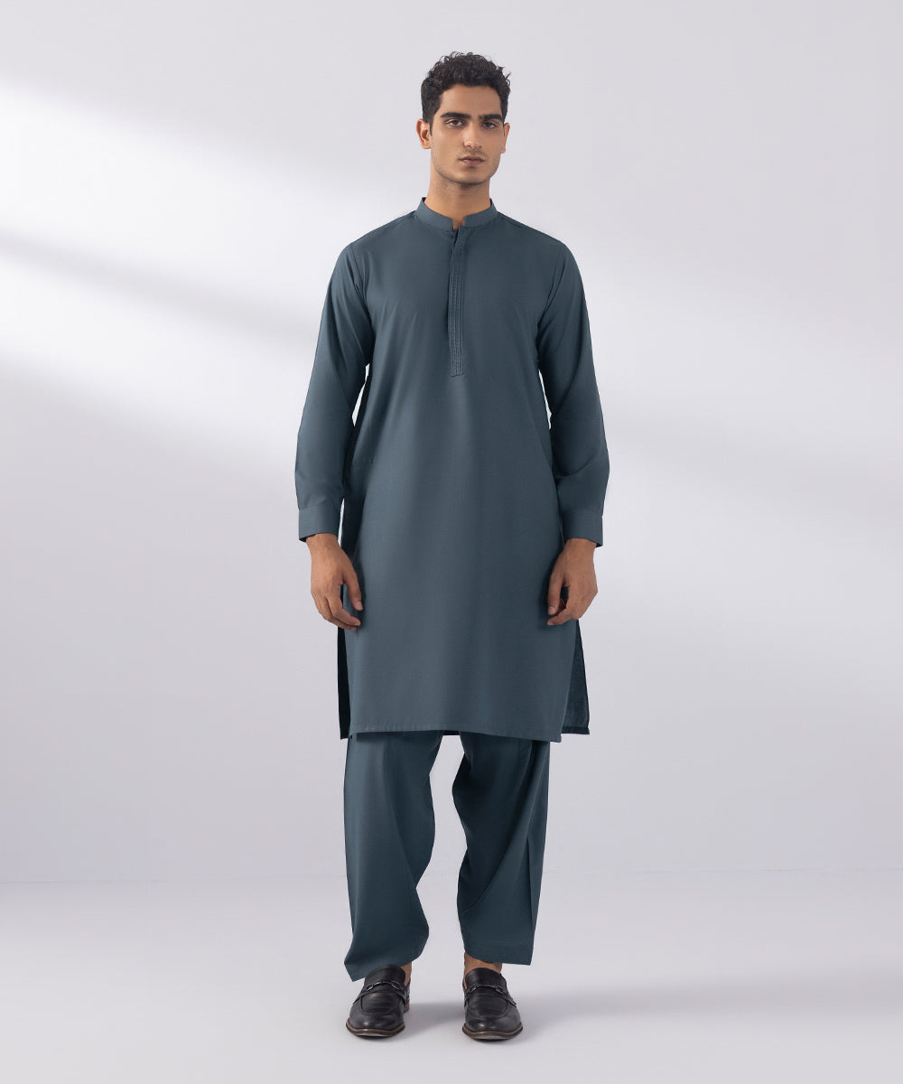 Men's Stitched Wash & Wear Charcoal Straight Hem Kurta Shalwar