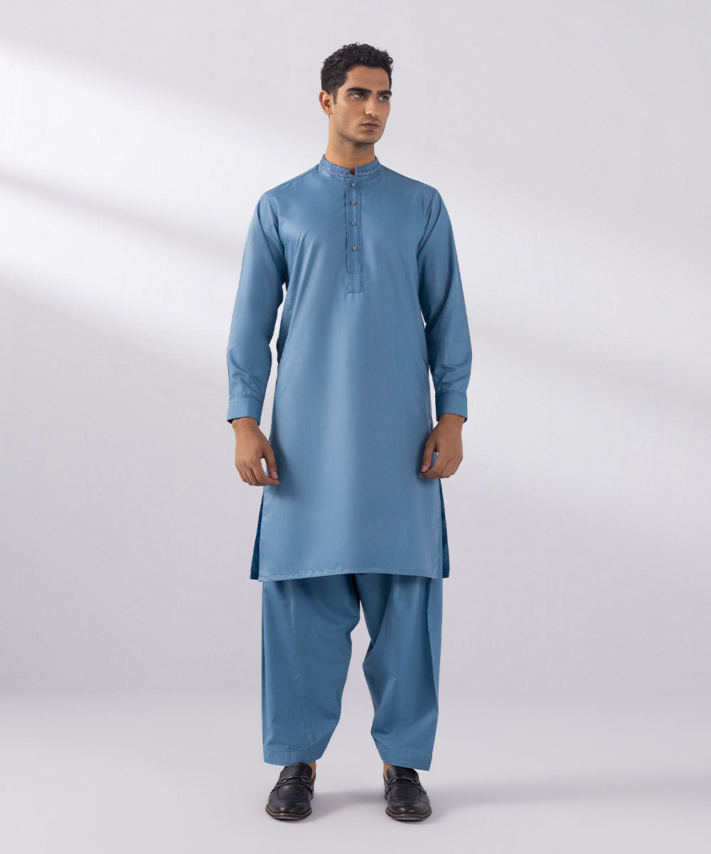 Men's Stitched Wash & Wear Embroidered Marine Blue Straight Hem Kurta Shalwar