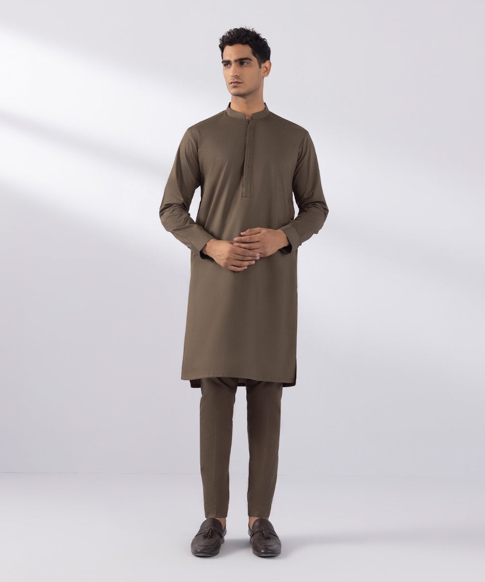 Men's Stitched Cotton Dobby Embroidered Brown Straight Hem Kurta Trousers