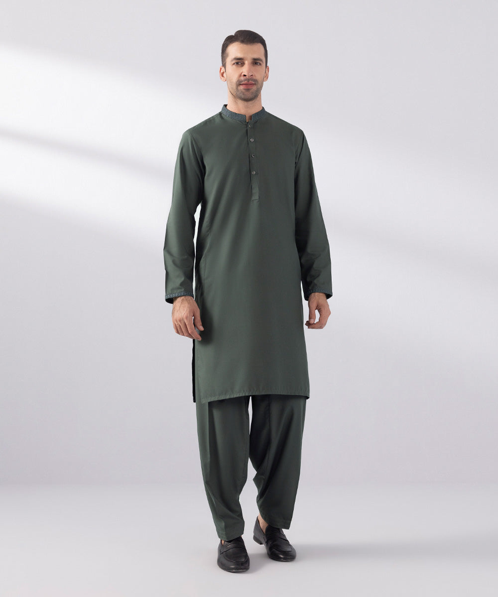 Men's Stitched Wash & Wear Embroidered Pine Green Straight Hem Kurta Shalwar