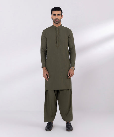 Men's Stitched Embroidered Fancy Wash & Wear Brown Straight Hem Kurta Shalwar
