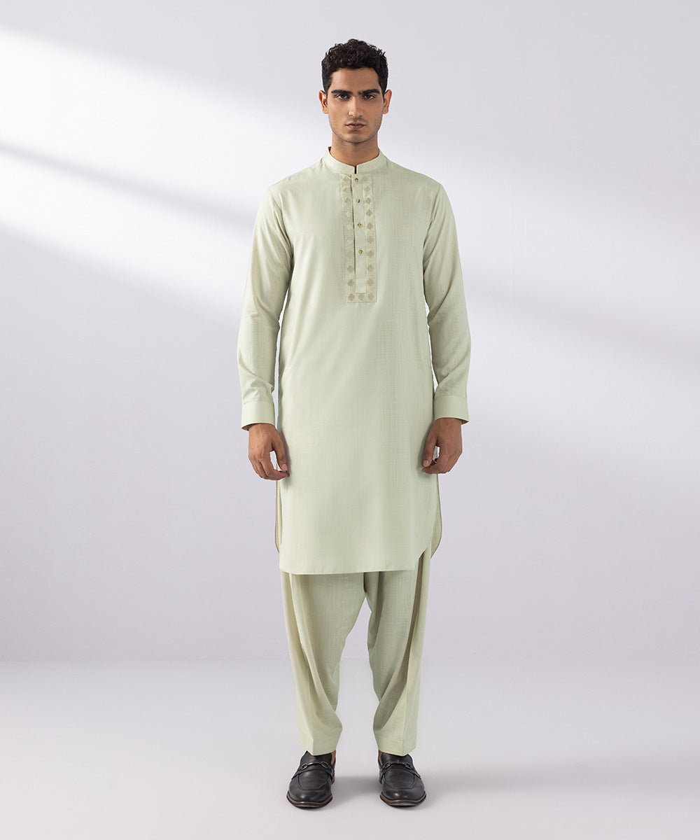 Men's Stitched Wash & Wear Embroidered Beige Round Hem Kurta Shalwar