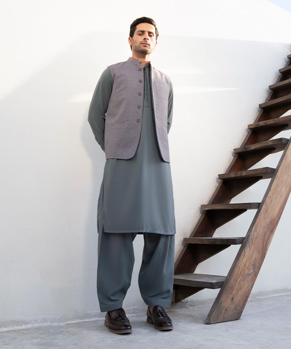 Men's Stitched Wash & Wear Embroidered Green Straight Hem Kurta Shalwar