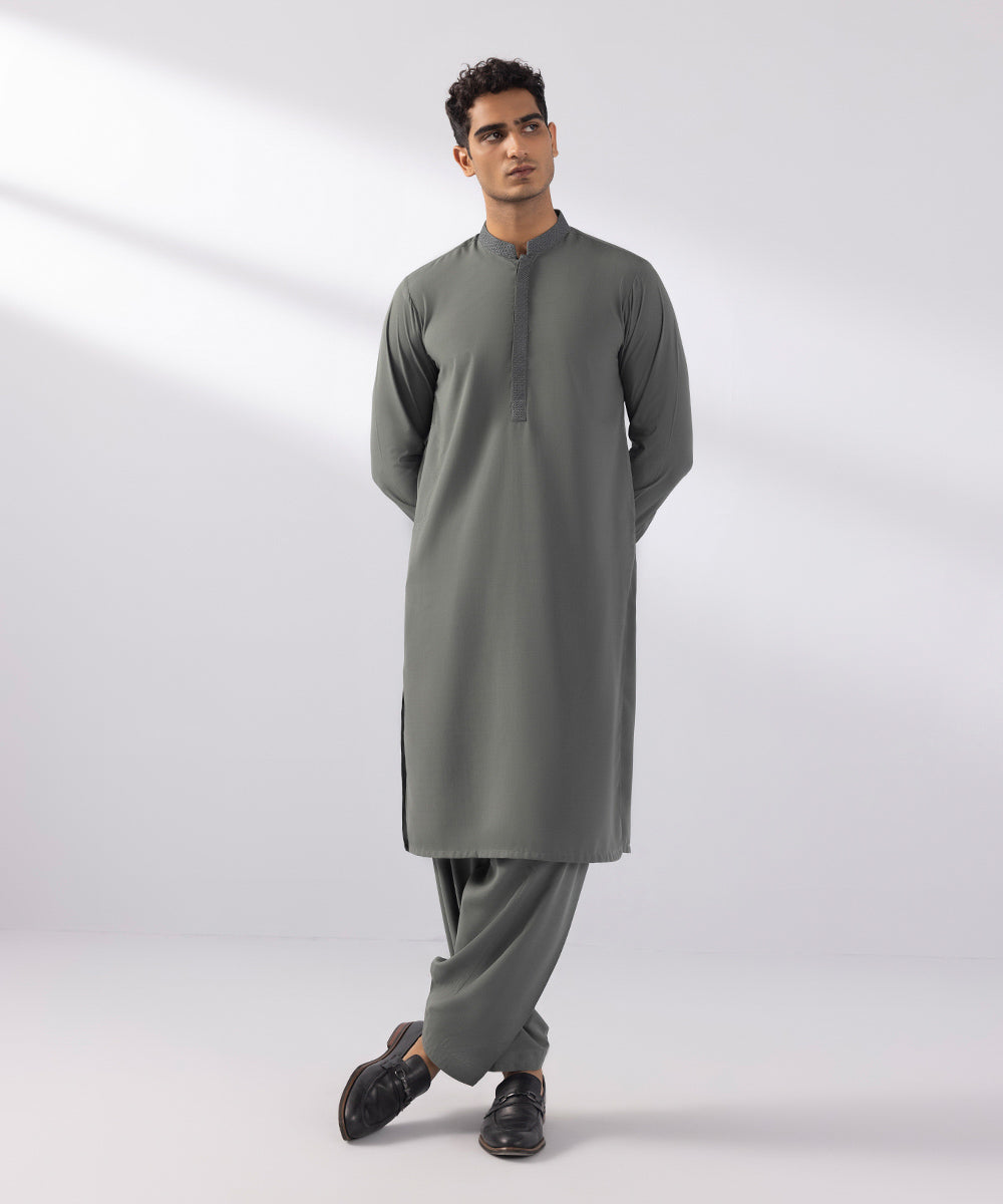 Men's Stitched Wash & Wear Embroidered Green Straight Hem Kurta Shalwar
