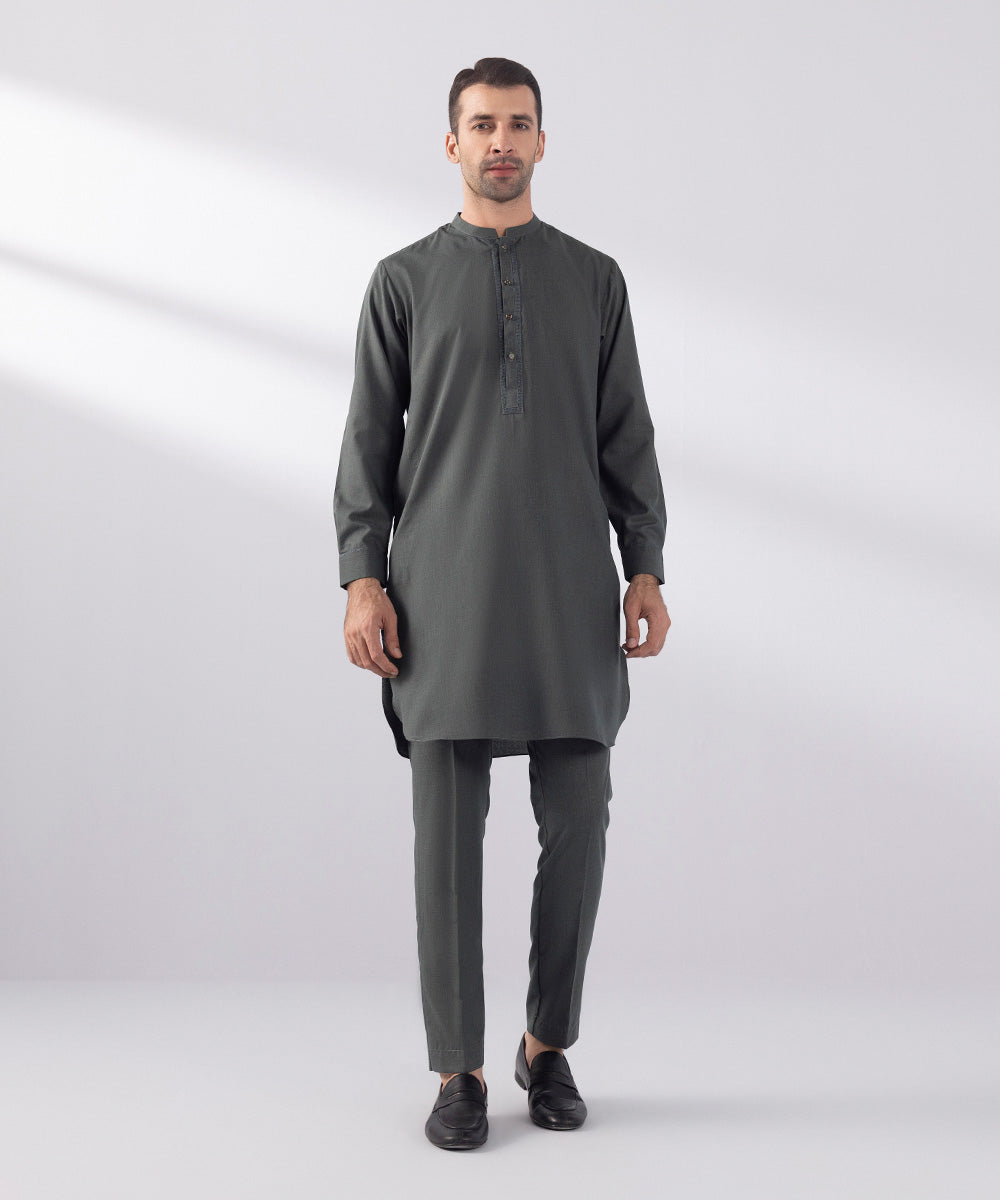 Men's Stitched Fancy Wash & Wear Embroidered Charcoal Round Hem Kurta Trousers
