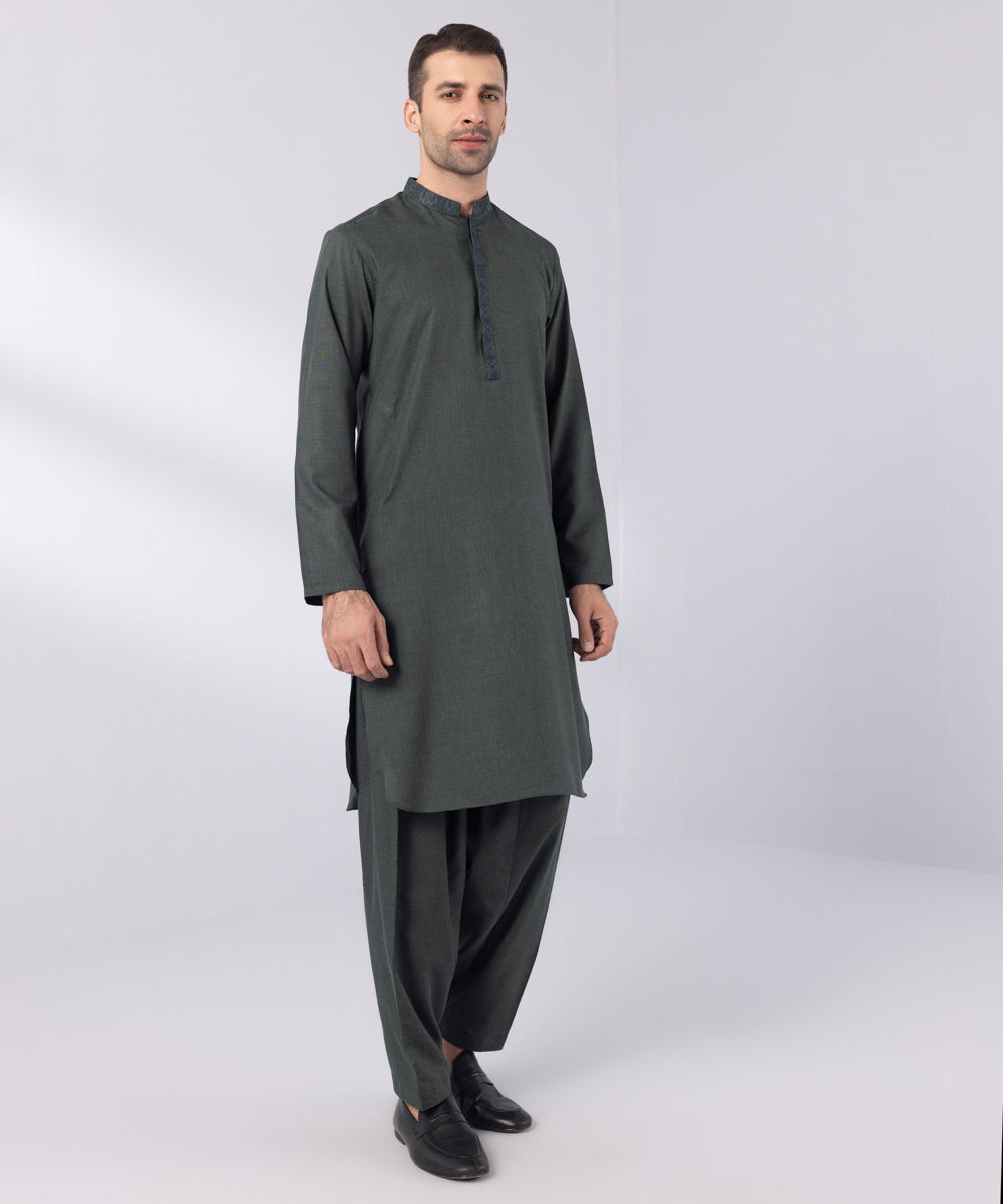 Men's Stitched Fancy Wash & Wear Embroidered Charcoal Round Hem Kurta Shalwar