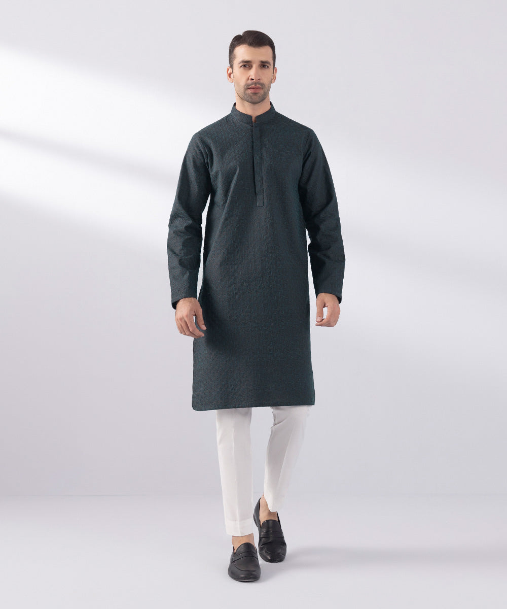Men's Stitched Schiffili Embroidered Suit Embroidered Charcoal Straight Hem Kurta