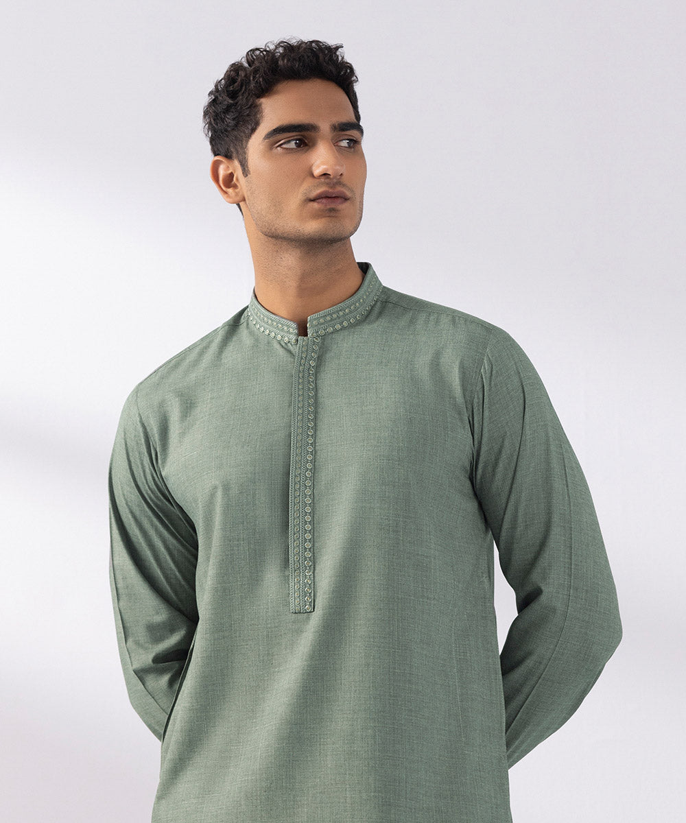 Men's Stitched Wash & Wear Embroidered Green Straight Hem Kurta