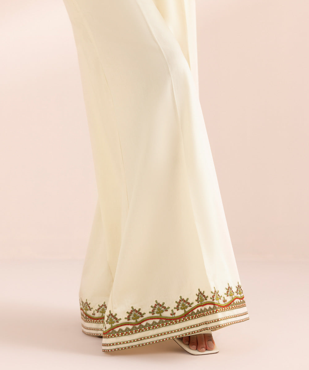 Women's Pret Luxury Satin Off White Embroidered Sharara