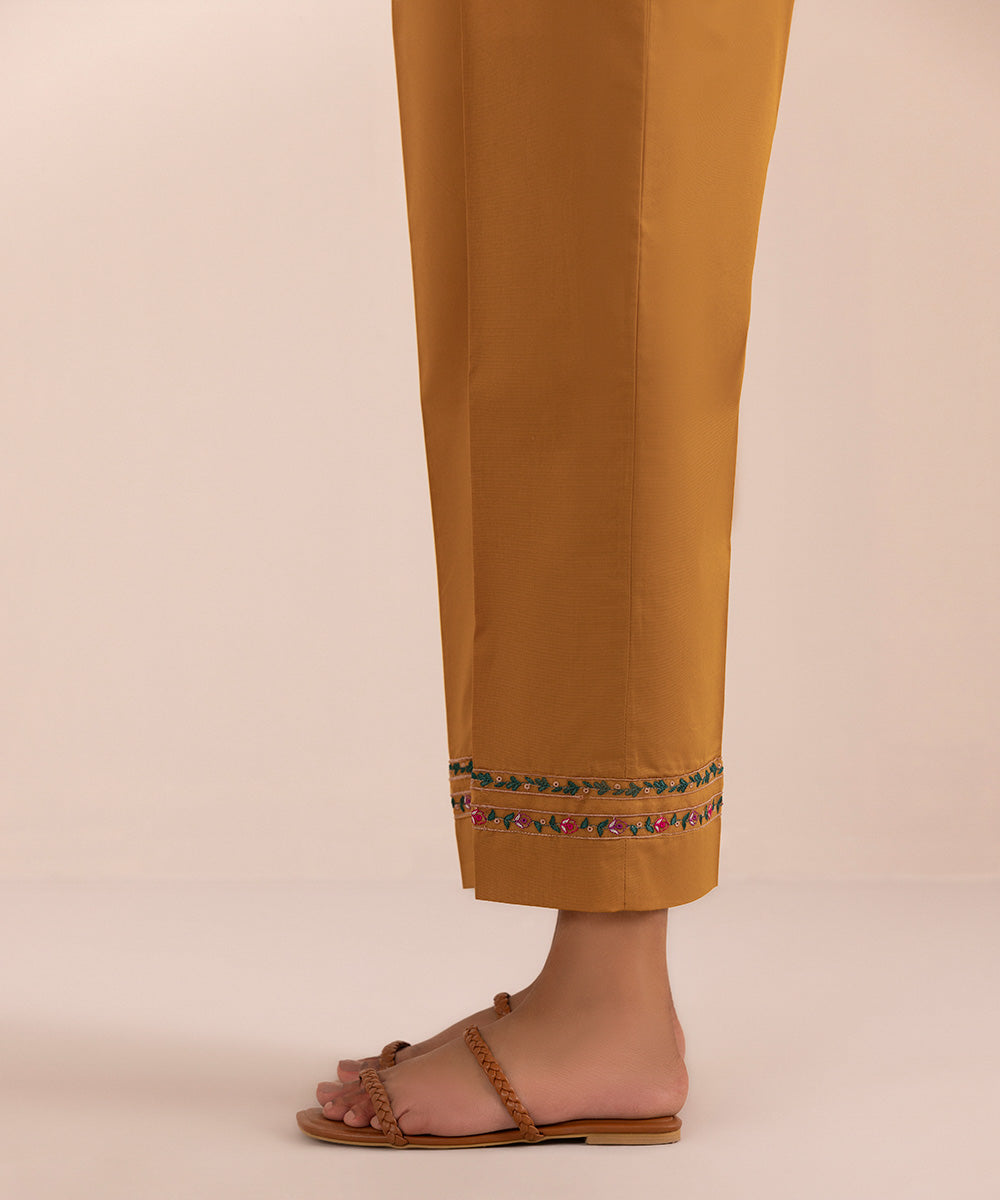 Women's Pret Cambric Yellow Embroidered Straight Pants