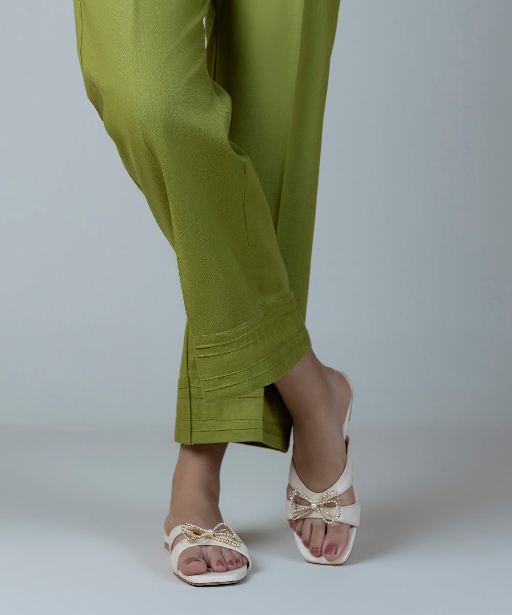 Women's Pret Cotton Linen Green Dyed Straight Pants