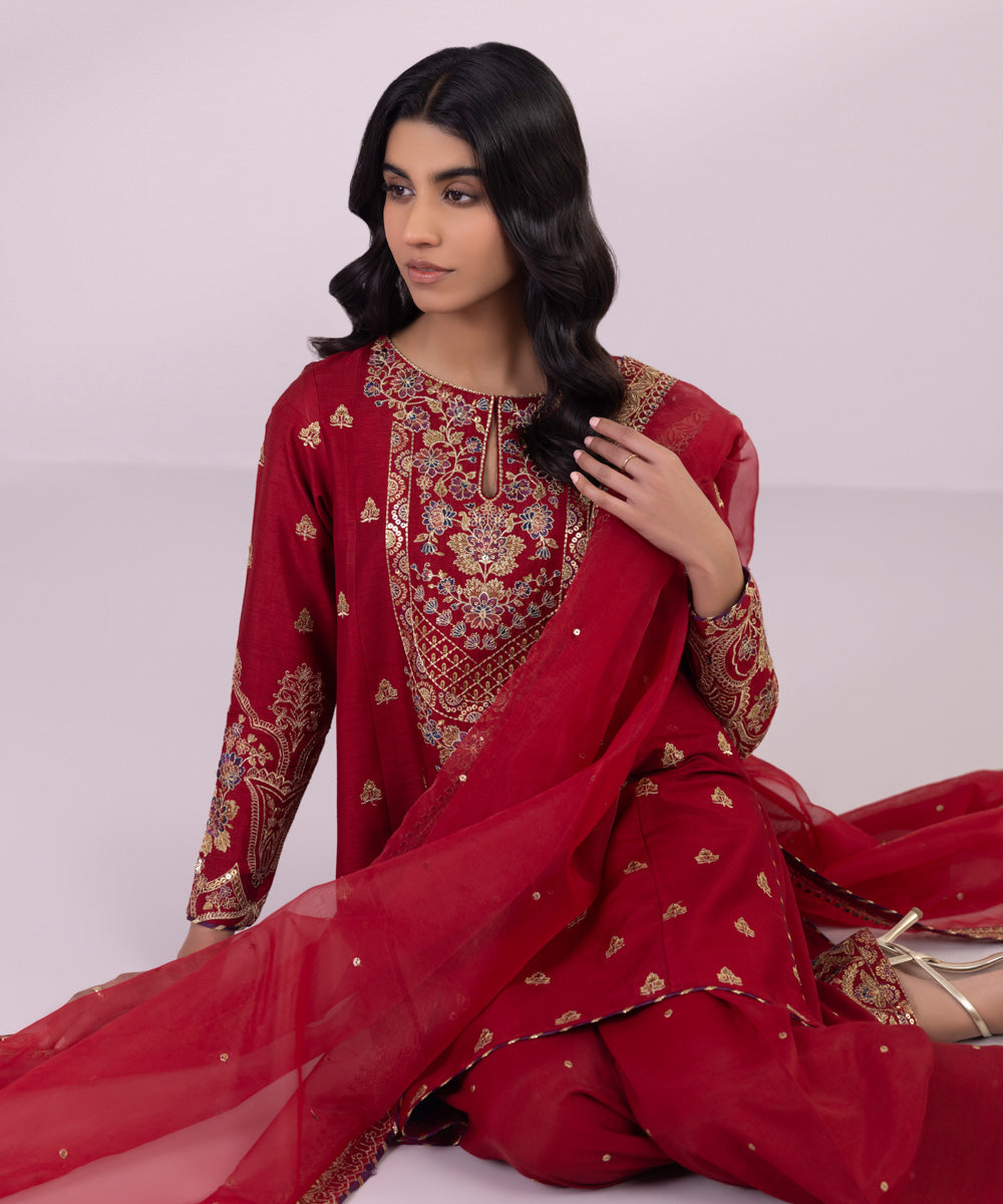 Women's Unstitched Raw Silk Embroidered Red 3 Piece Suit