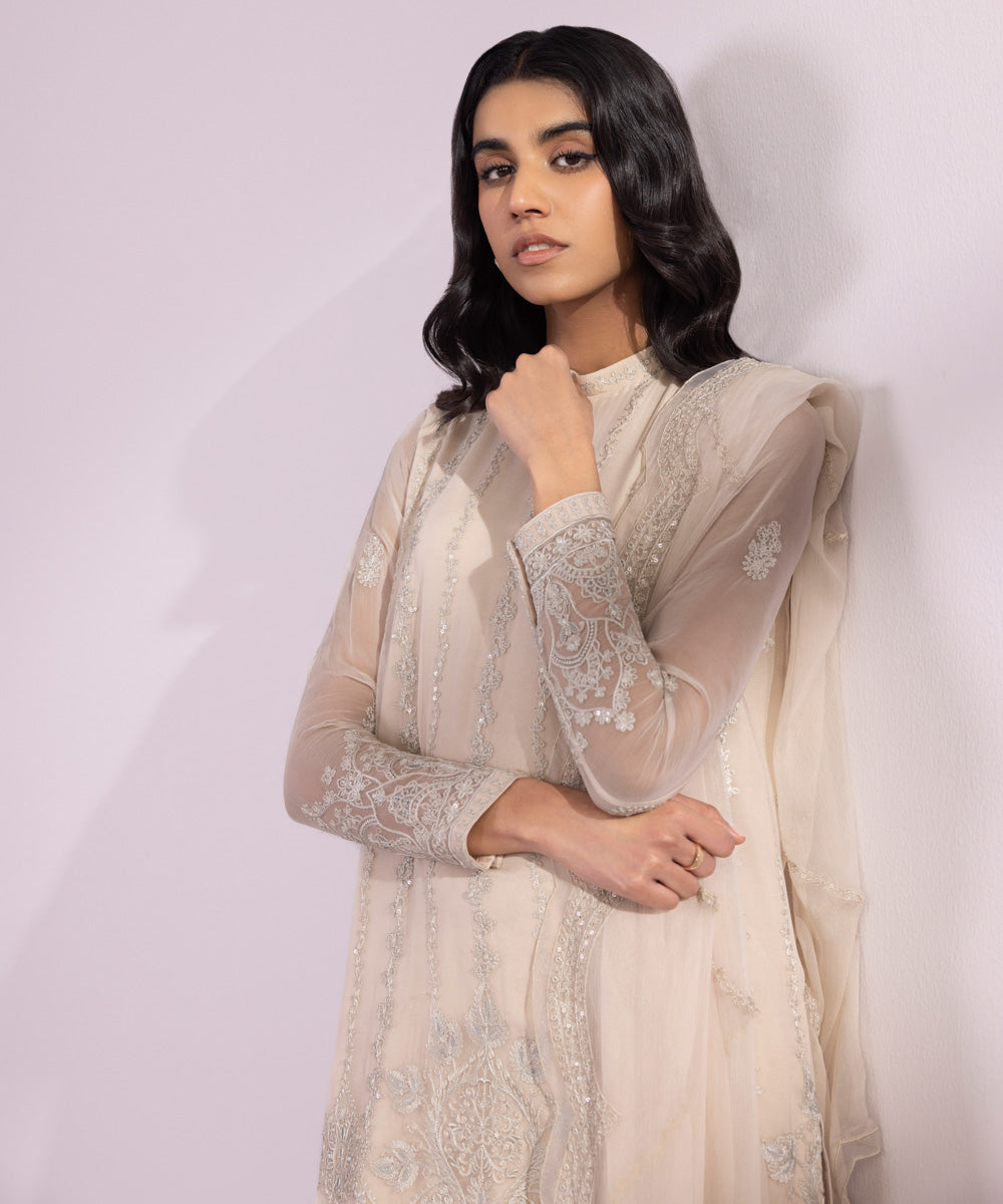 Women's Unstitched Crinkle Chiffon Embroidered Light Beige 3 Piece Suit