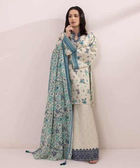 Women's Unstitched Zari Lawn Embroidered Off White 3 Piece Suit