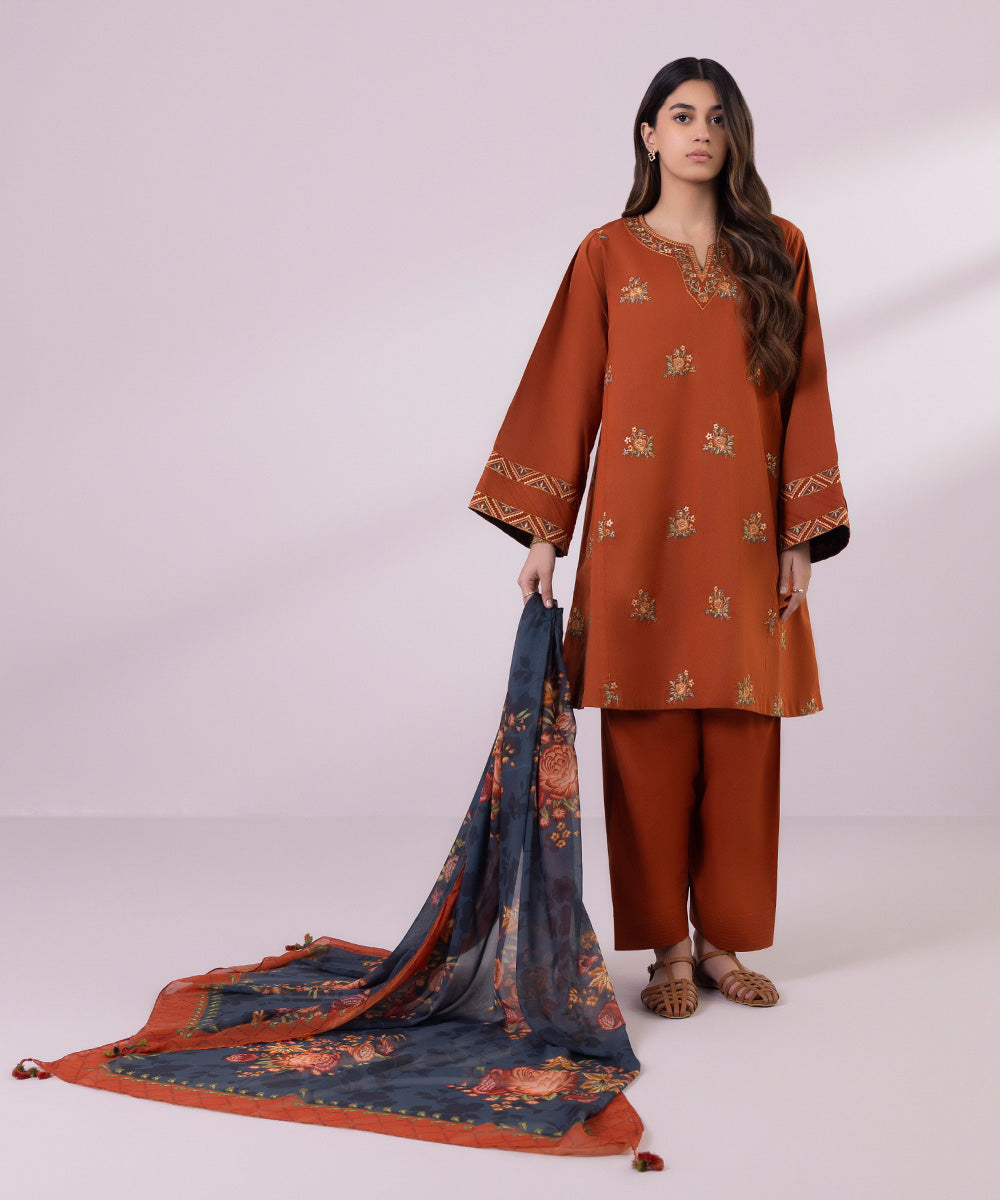 Women's Unstitched Lawn Embroidered Rust Orange 3 Piece Suit