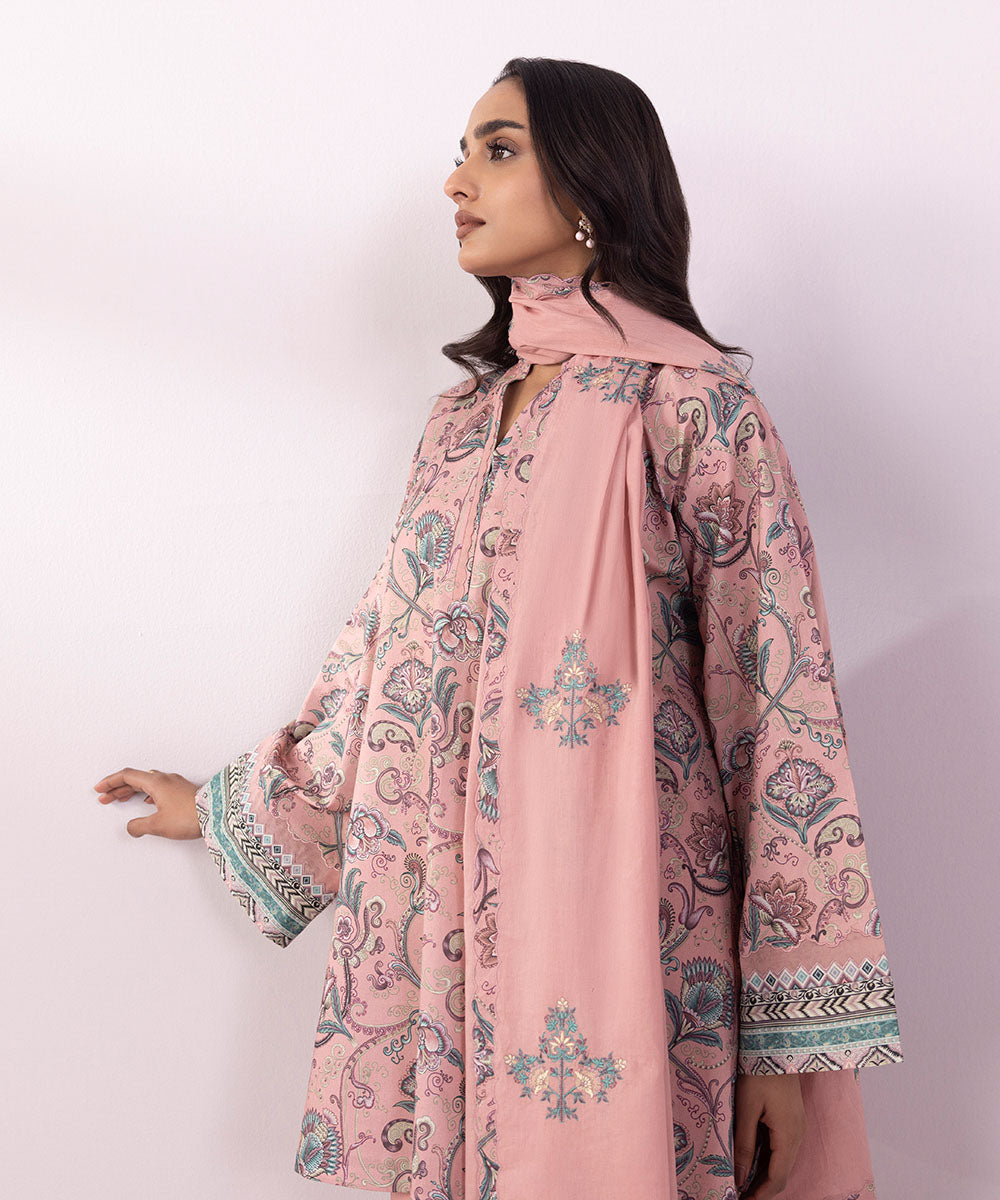 Women's Unstitched Lawn Embroidered Blush Pink 3 Piece Suit