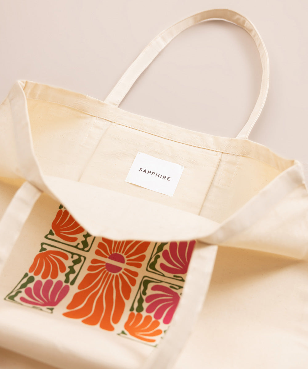 Digitally Printed Beige Cotton Fabric Tote Bag