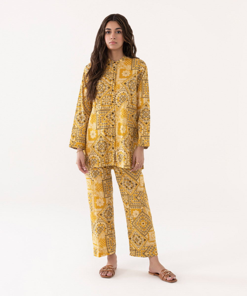 Women's Intermix Pret Lycra Lawn Printed Mustard 2 Piece Suit