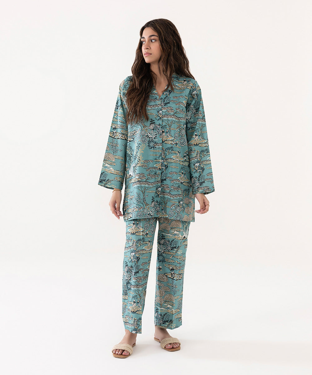 Women's Intermix Pret Lycra Lawn Printed Blue 2 Piece Suit