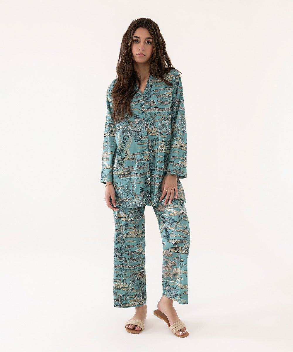 Women's Intermix Pret Lycra Lawn Printed Blue 2 Piece Suit
